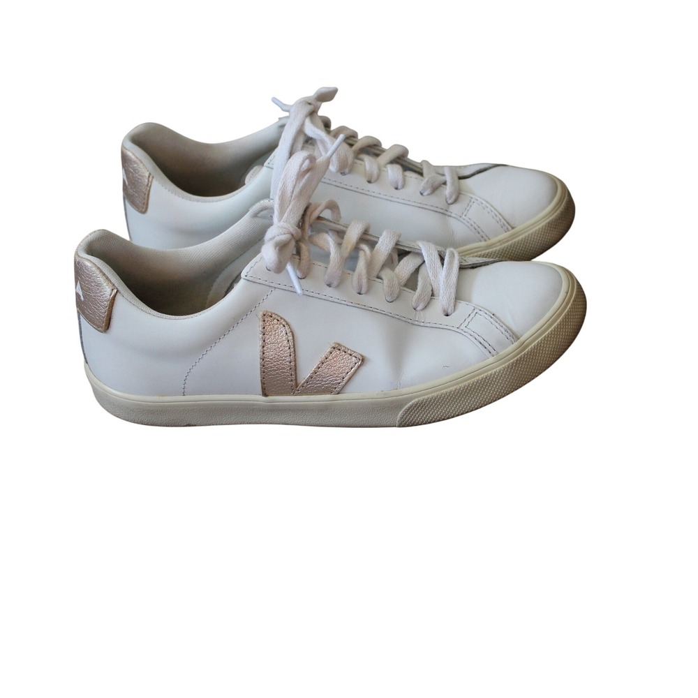 Veja Esplar White Leather Rose Gold Metallic Low Top Sneakers Womens 6 EUR 37